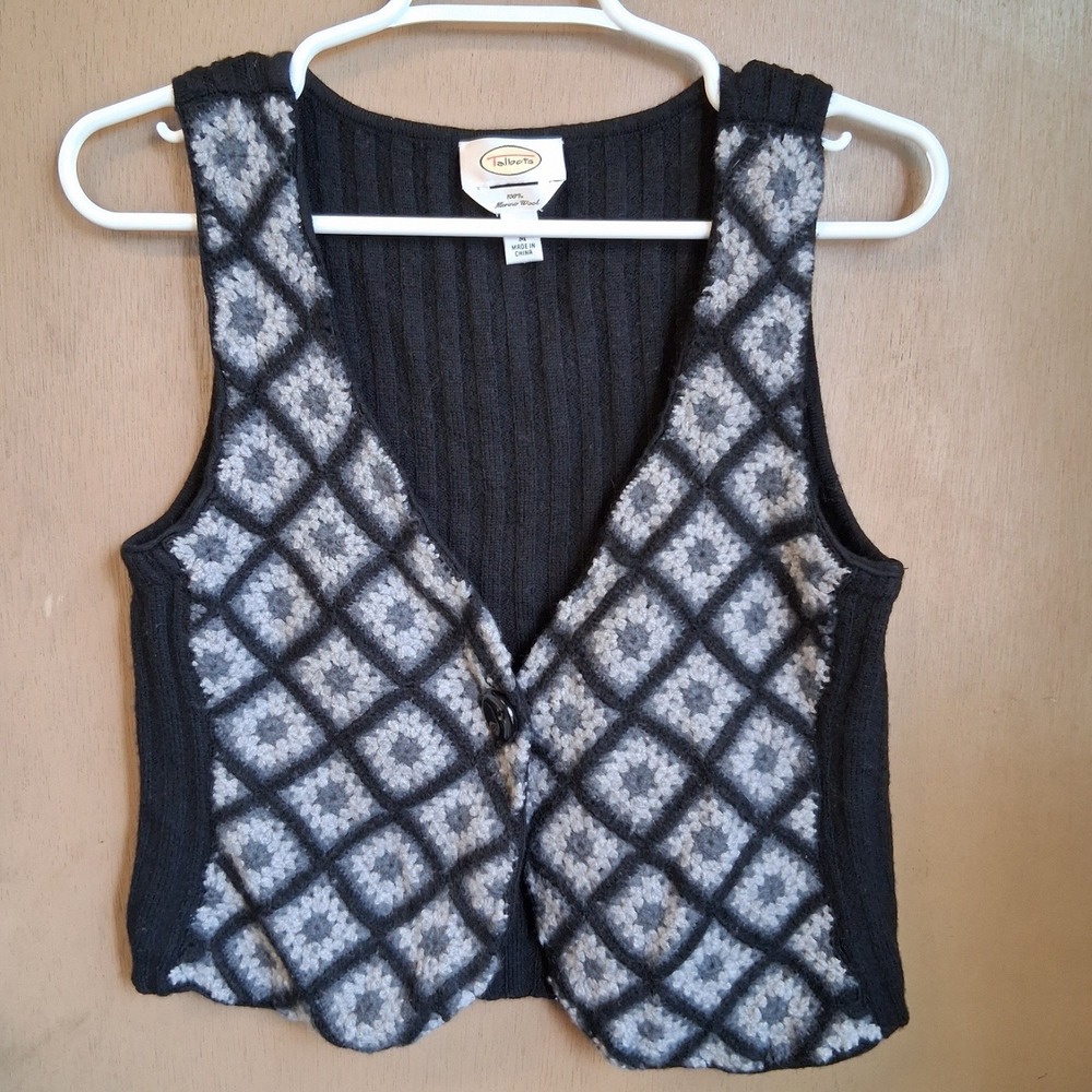 Talbots Granny Square Crochet Merino Wool Sweater Vest Med. Black Grey GUC